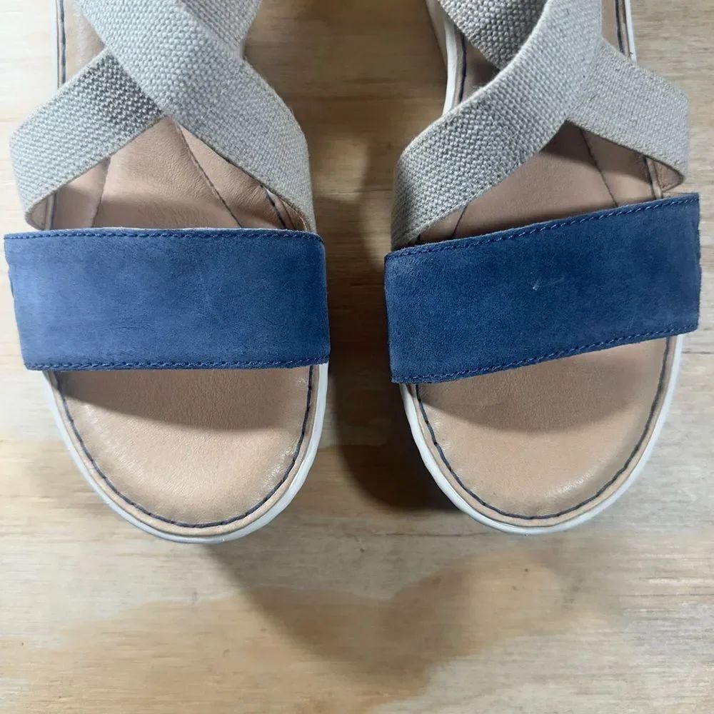 Born Kasady Blue Suede and Cream Elastic Strap Wedge Sandals Women’s Size 10 - Picture 4 of 9